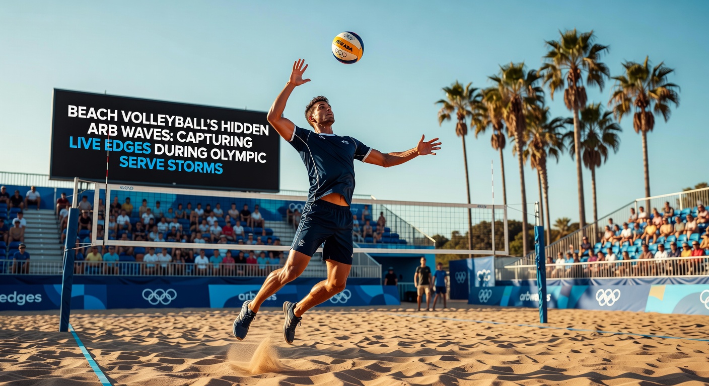 Close-up of a beach volleyball player executing a powerful jump serve under Olympic lights, crowd blurred in background