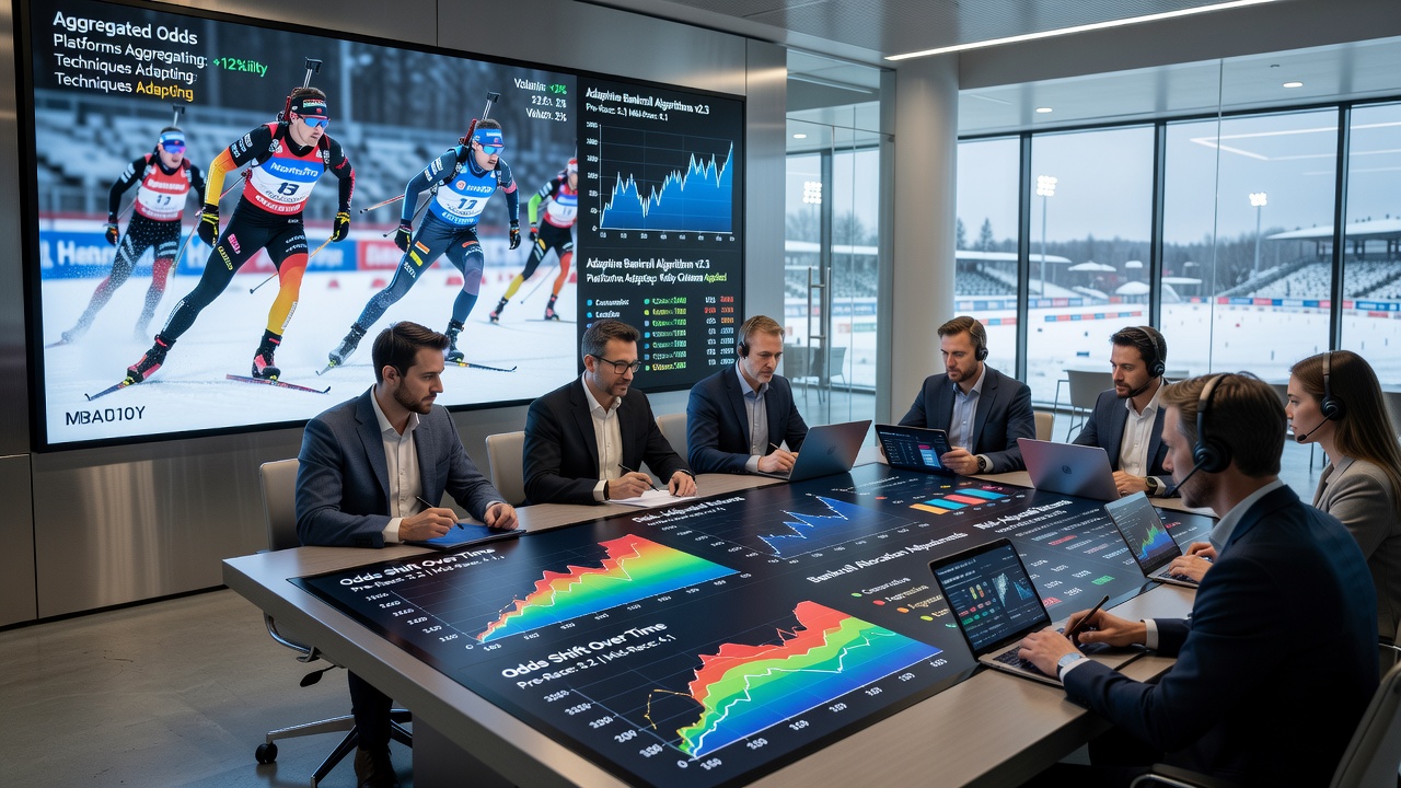 Biathlon shooting range with digital betting analysis dashboards visible