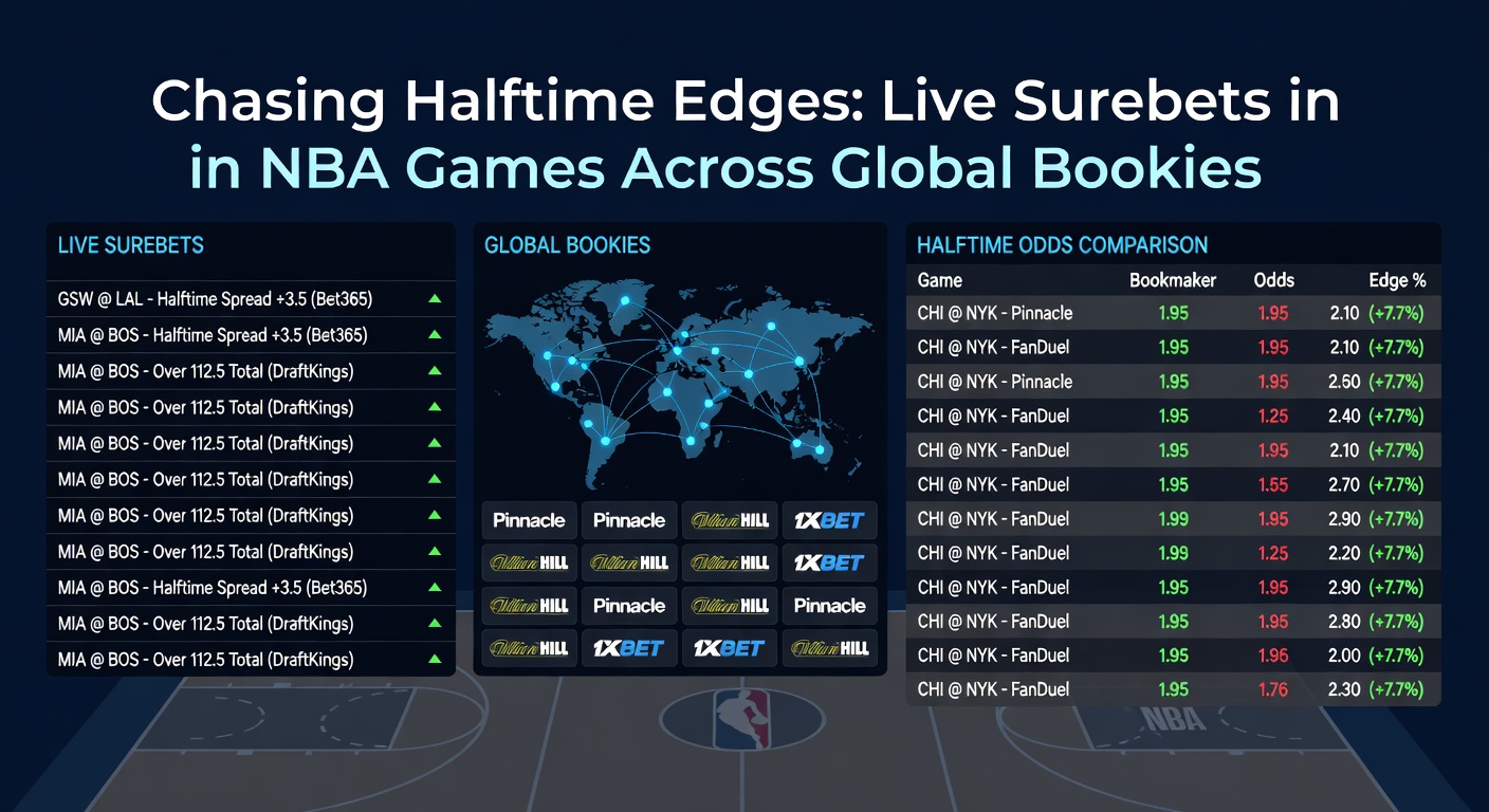 Comparative odds table from global bookmakers showing a halftime surebet in an NBA game, with calculations for stake allocation yielding 2.1% guaranteed profit