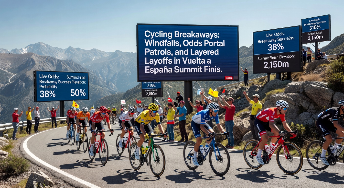 Close-up of a betting odds comparison screen showing live discrepancies for Vuelta a España breakaway riders across multiple portals during a summit stage