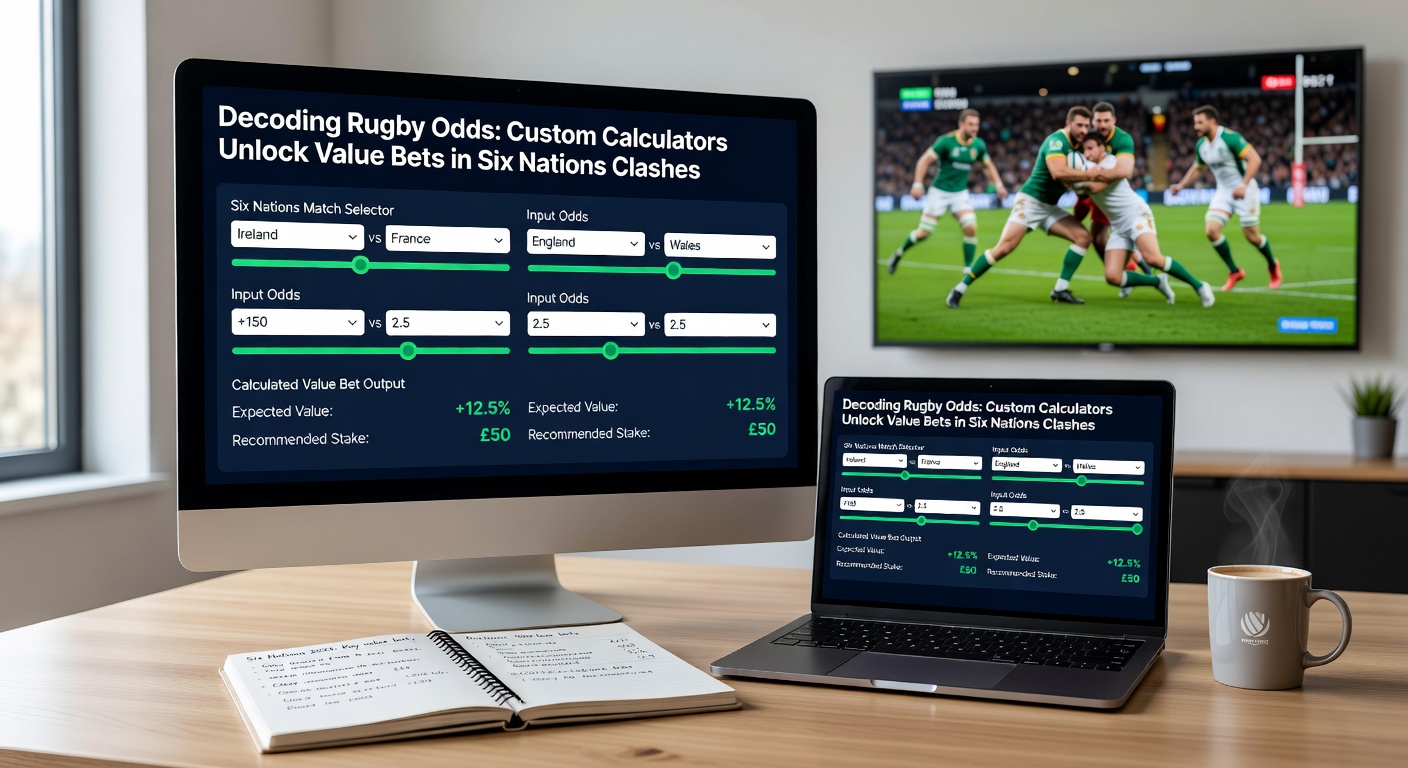 Screenshot of a custom Excel calculator displaying rugby odds comparisons for a Six Nations fixture, with value bet highlights