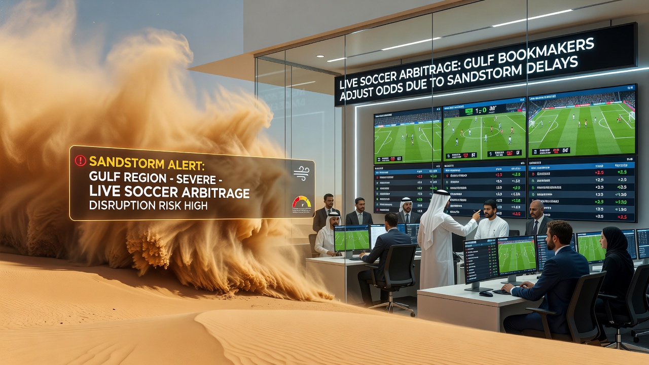 Arbitrage traders monitoring live soccer odds on multiple screens during a Gulf sandstorm event