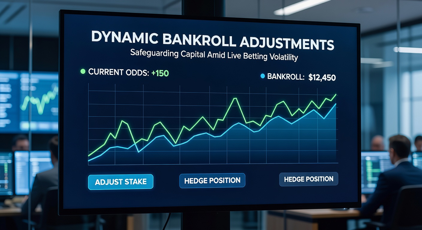 Screenshot of a betting dashboard displaying dynamic unit sizing adjustments during a live NFL game, with graphs of bankroll evolution