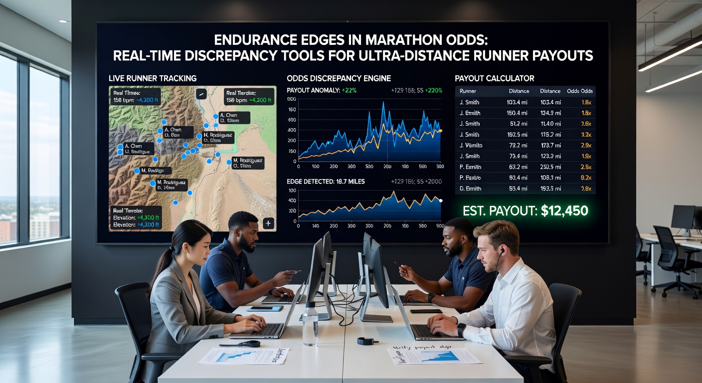 Screenshot of a real-time odds scanner displaying live discrepancies for an ultra-marathon, with highlighted arbitrage opportunities across multiple bookmakers