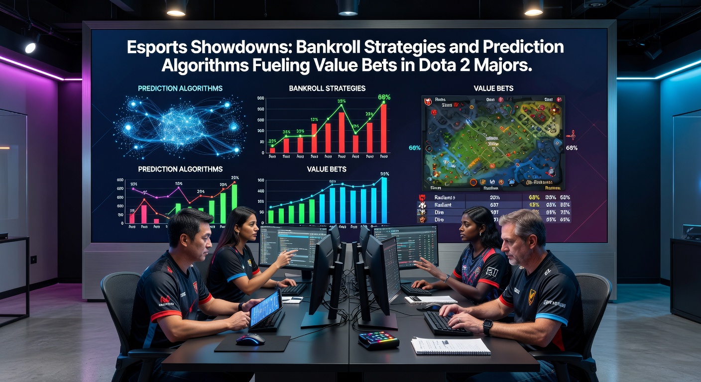 Close-up of data screens showing Dota 2 prediction models with graphs of win probabilities and hero stats