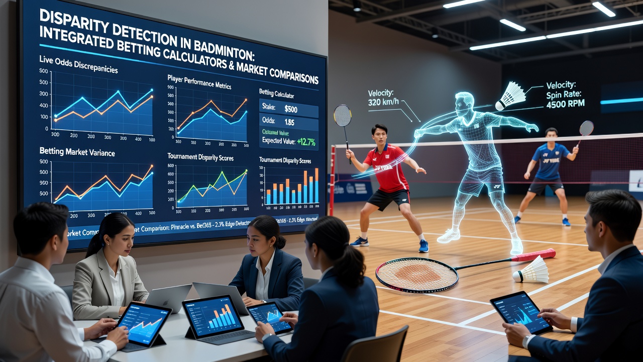 Badminton players in action during a professional tournament match with betting odds overlays visible on screens