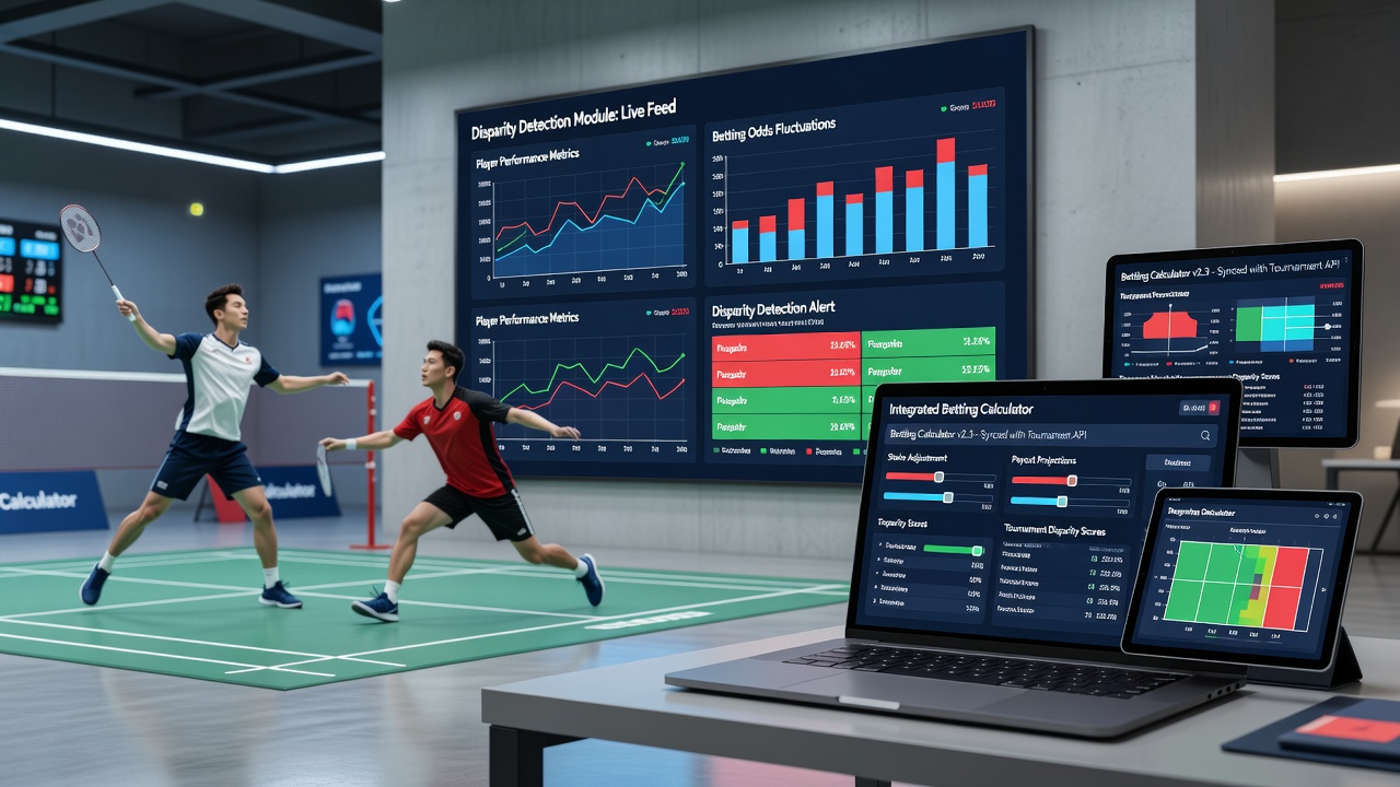 Close-up of a betting calculator interface displaying badminton match odds and disparity alerts
