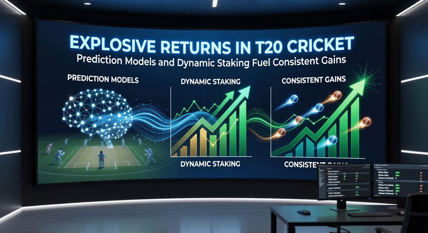 Data visualization of a T20 prediction model dashboard showing live odds overlays, probability graphs, and staking recommendations during an IPL match