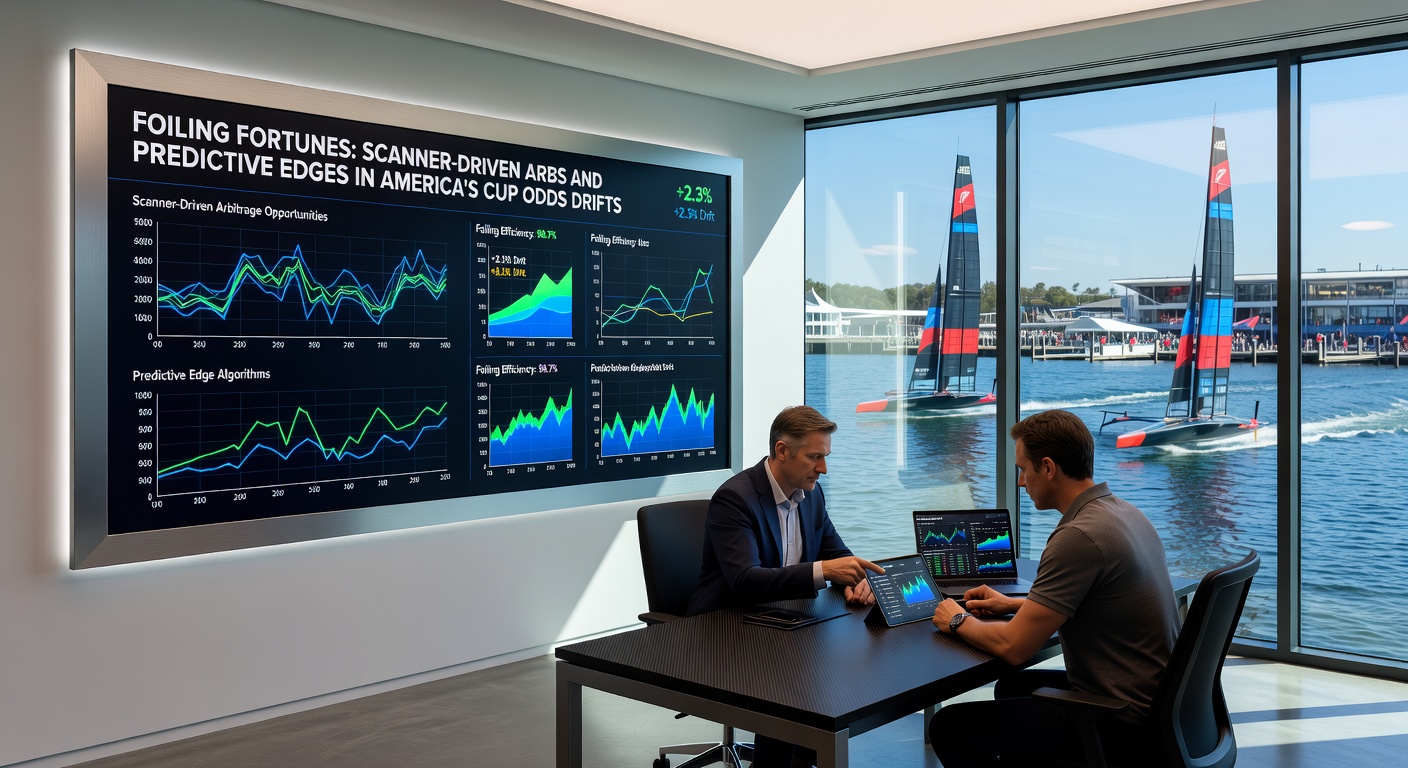 Close-up of America's Cup betting dashboard on a scanner tool, displaying live arbitrage opportunities amid drifting odds for challenger teams.