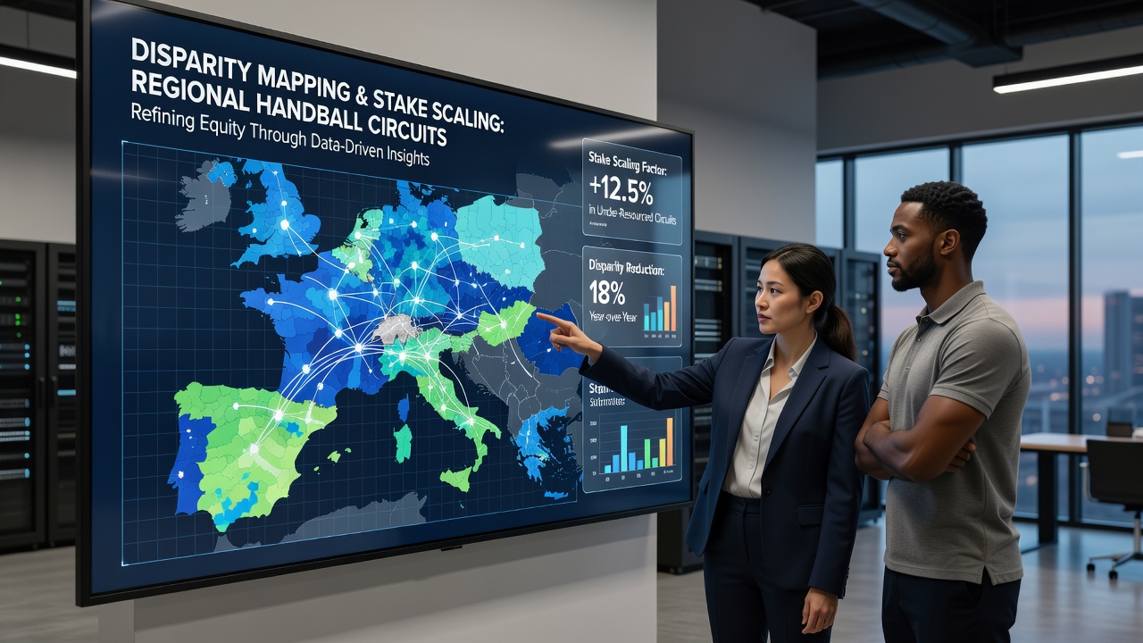Live dashboard showing stake scaling adjustments applied to handball regional matches with disparity heat maps and regional circuit filters active
