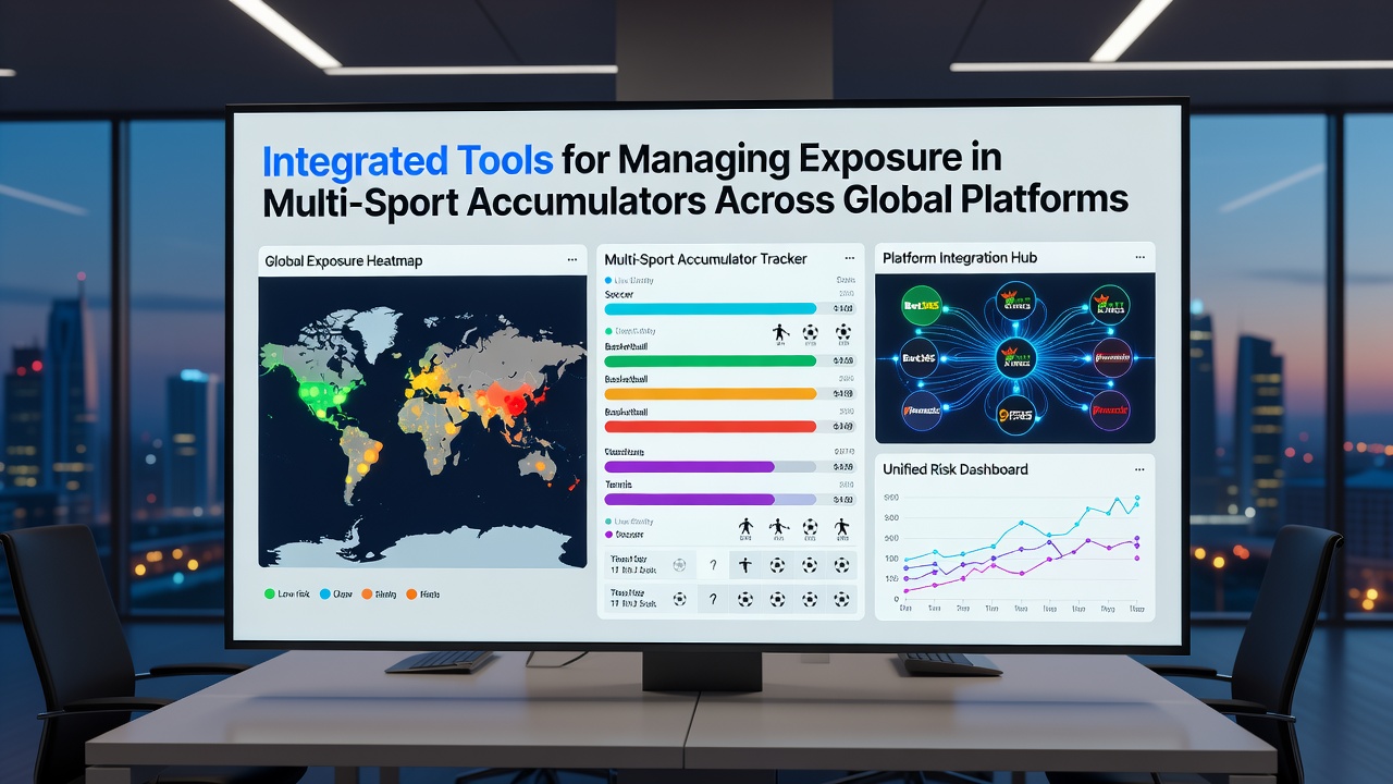 Split-screen interface showing real-time accumulator exposure heat maps and hedging recommendations across multiple international bookmakers