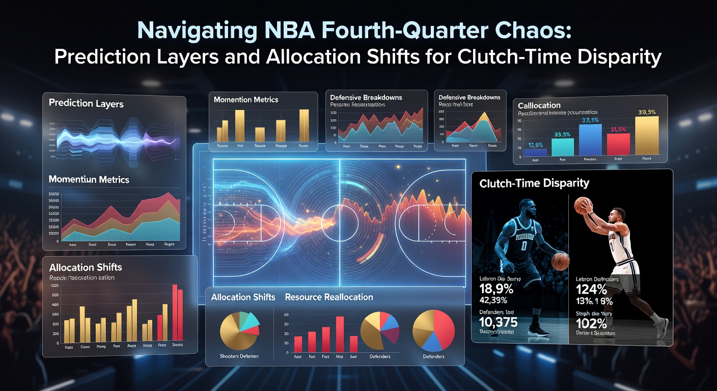 Close-up of NBA analytics dashboard displaying layered prediction models, live odds comparisons, and allocation charts during a tense fourth quarter