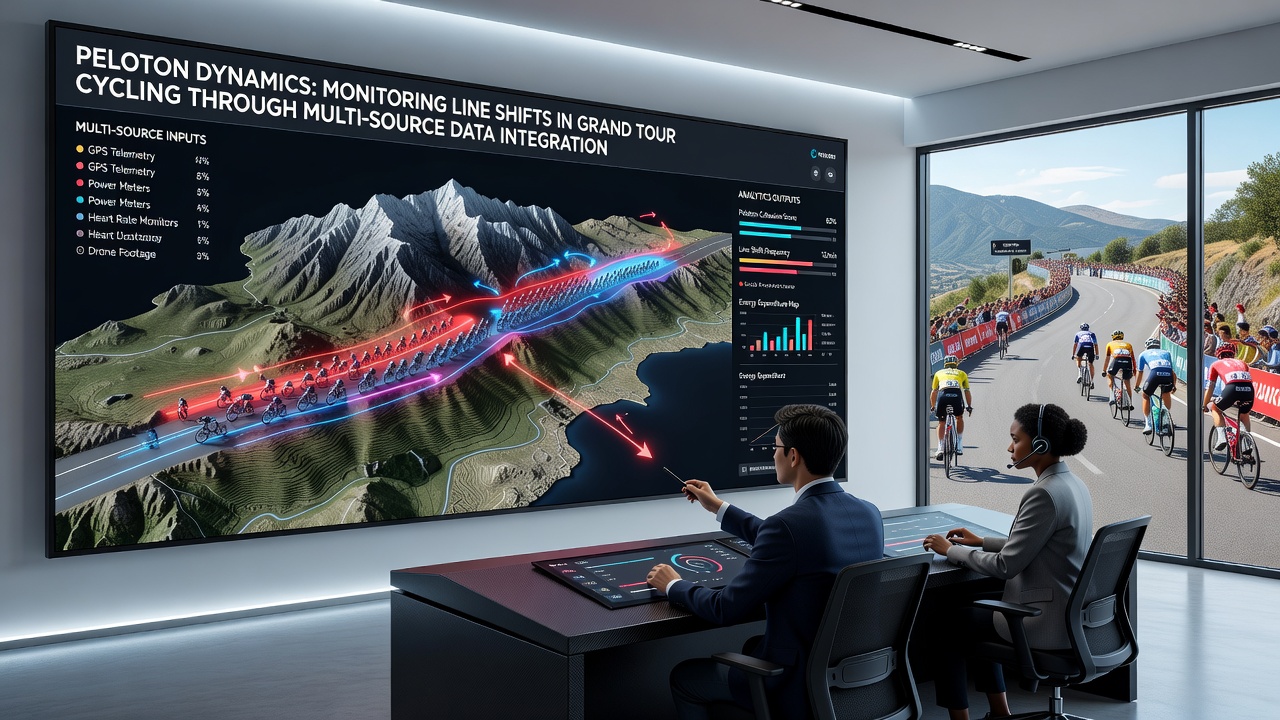 Data visualization dashboard displaying peloton formation changes with overlaid GPS tracks and wind vectors during a stage