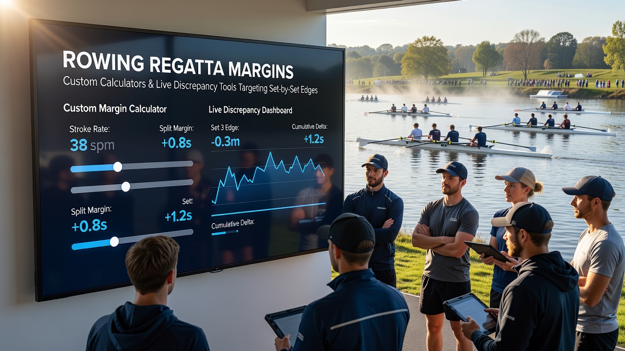 Close-up of digital timing and calculator interface used during rowing World Cup events