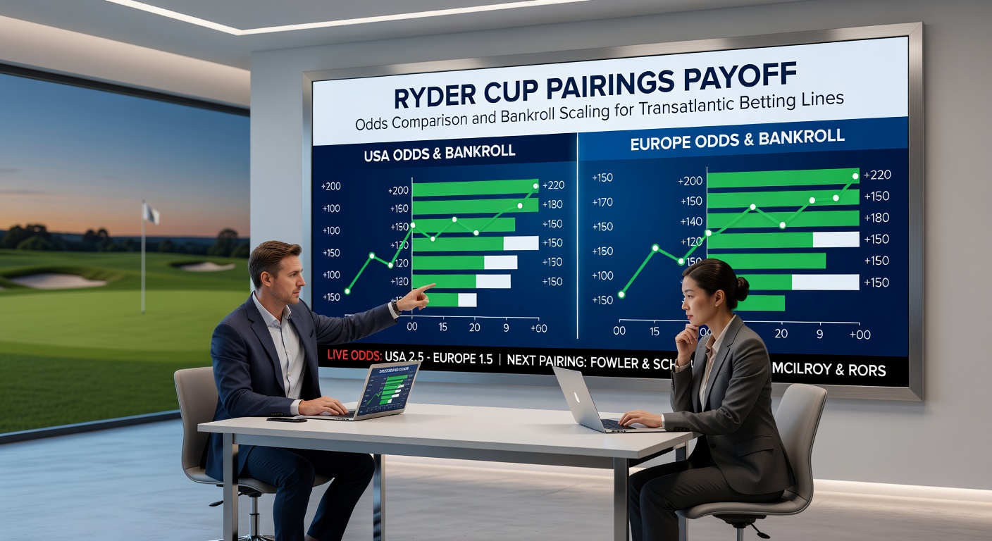 Close-up of Ryder Cup scoreboard displaying pairings odds from multiple bookmakers, highlighting variance in payout lines