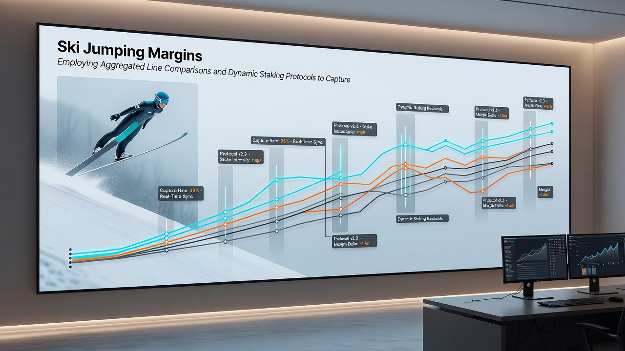 Close-up of ski jumping hill with betting analysis charts and staking calculators on screen