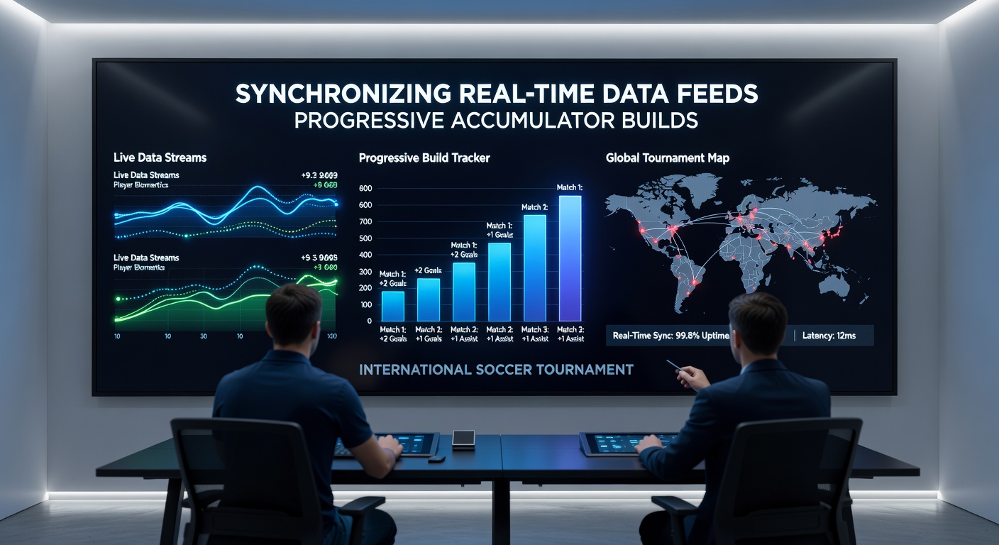 Soccer stadium with overlaid data visualization of live match feeds and accumulator progression indicators