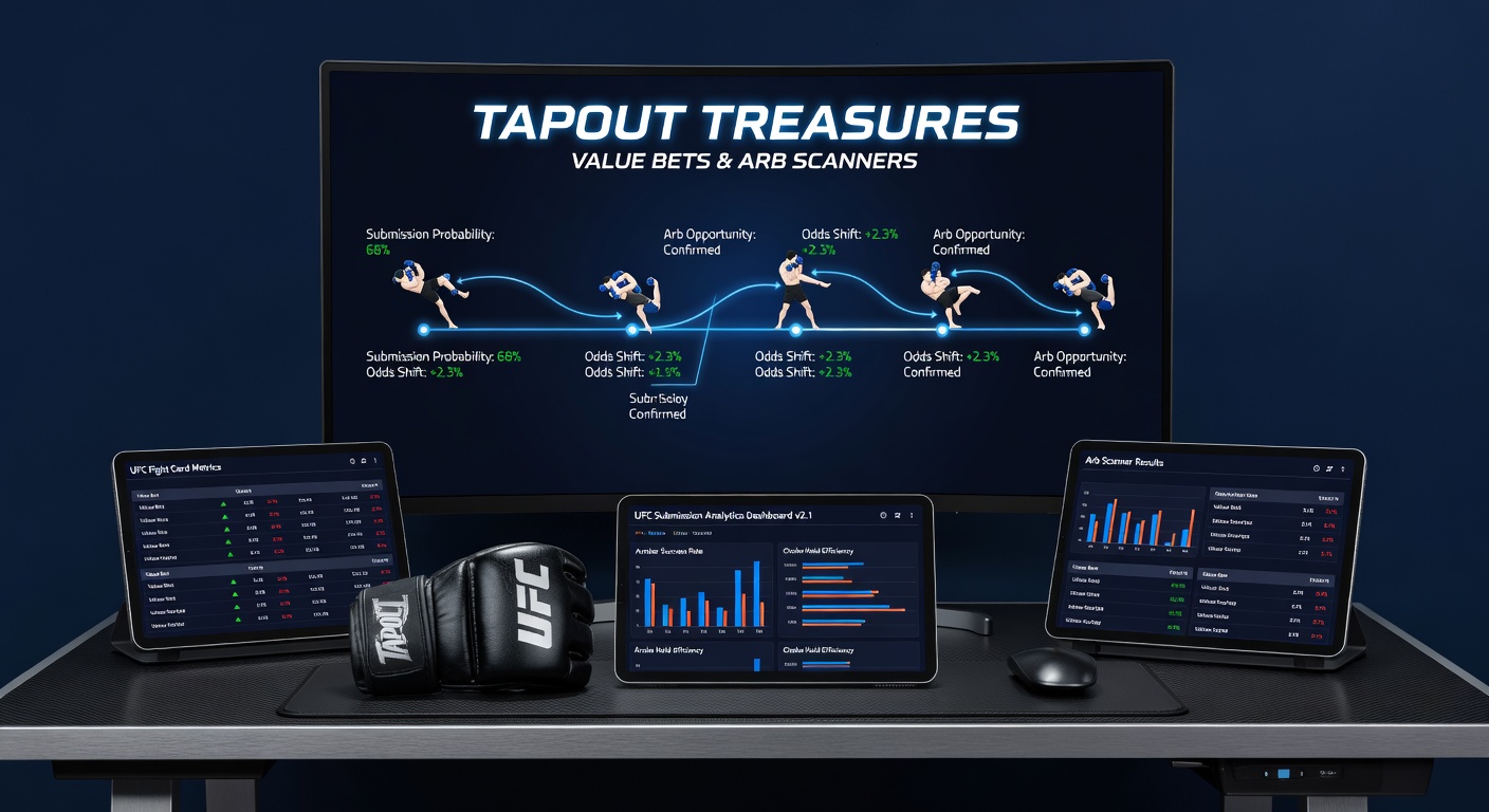 Digital dashboard of an arbitrage scanner displaying live UFC odds discrepancies during a submission attempt