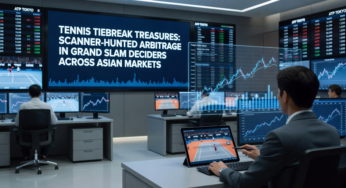 Digital scanner dashboard highlighting live arbitrage opportunities in a tennis tiebreak, with odds tables from Asian bookmakers glowing in green