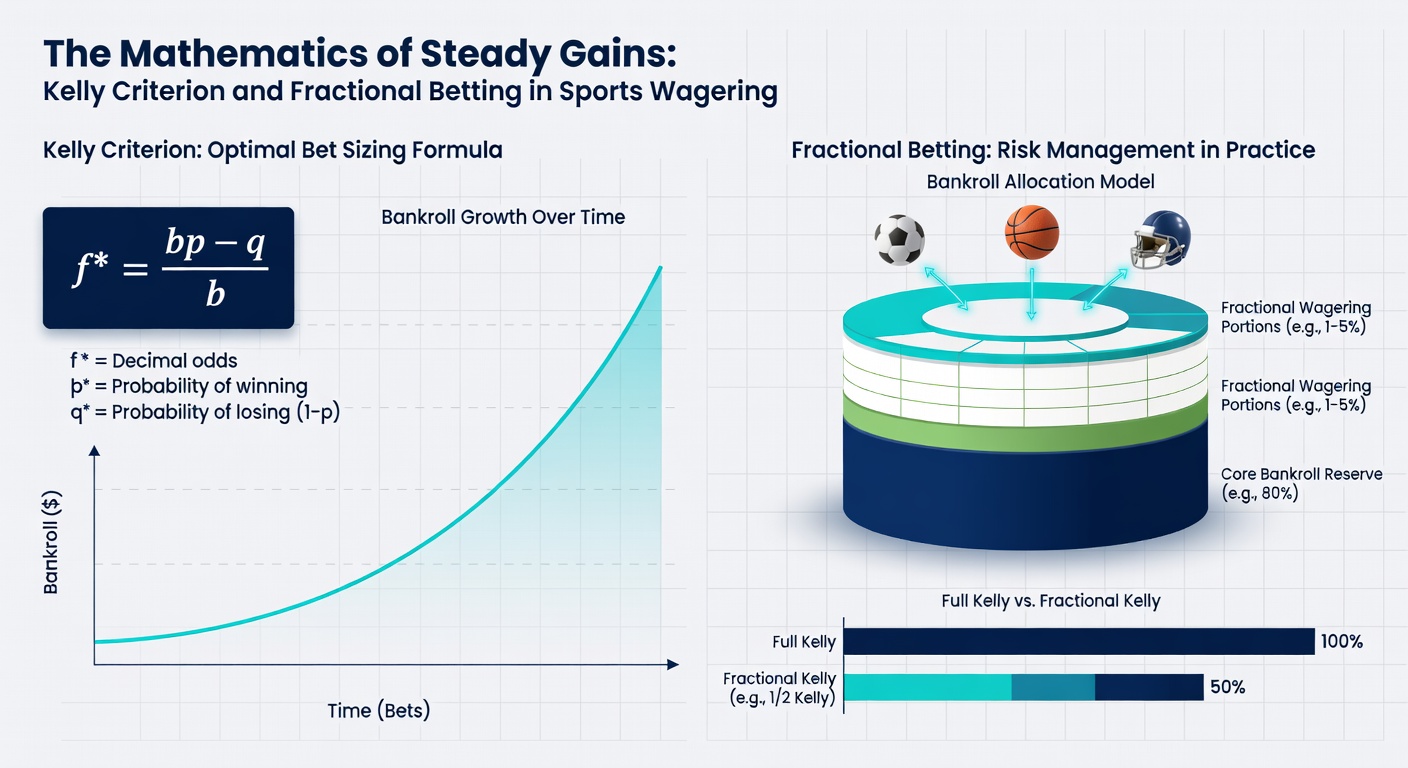 Simulation chart comparing bankroll trajectories: full Kelly, half Kelly, and flat betting over 1000 wagers, highlighting reduced volatility with fractions